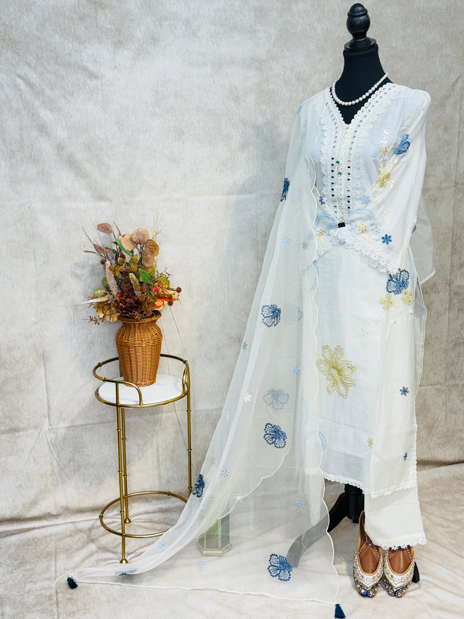 White Floral Embroidered 3-Piece Suit Set